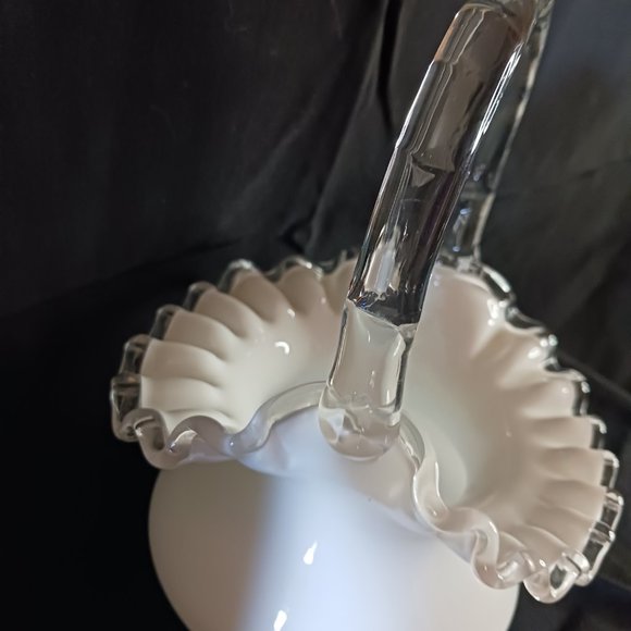 VINTAGE   FENTON White Milk Glass Basket Ruffles Handle Decor Home - Picture 6 of 10